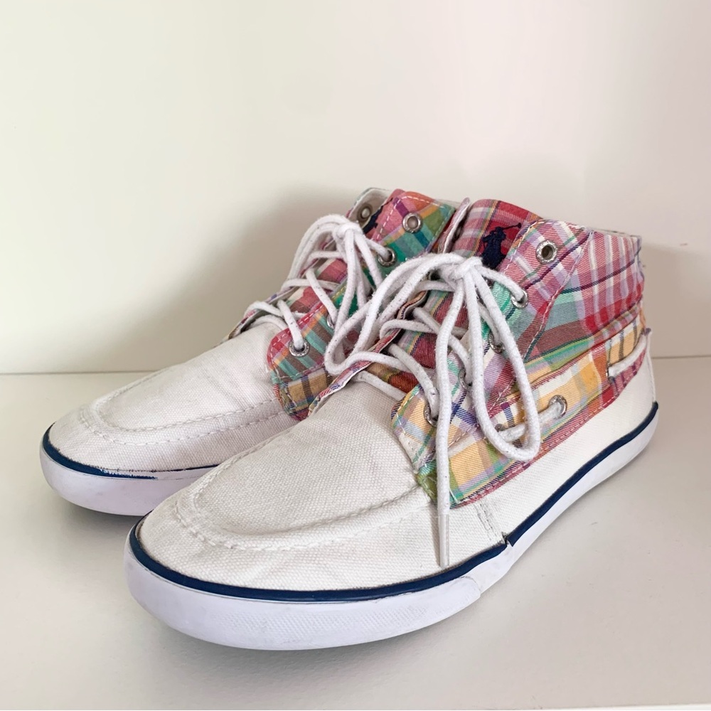 Vintage Ralph Lauren rainbow plaid boat shoes mid top sneakers